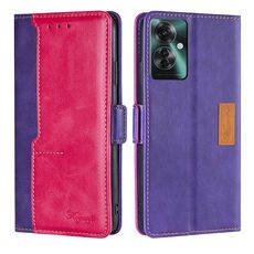 Per OPPO Reno11 F 5G Custodia per telefono in pelle con fibbia laterale in colore a contrasto (viola + rosa rossa)