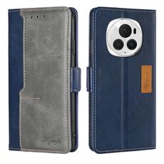 Per Honor Magic6 Pro Custodia per telefono in pelle con fibbia laterale a colori a contrasto (blu + grigio)