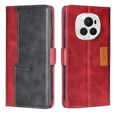 Per Honor Magic6 Pro Custodia per telefono in pelle con fibbia laterale a colori a contrasto (rosso + nero)