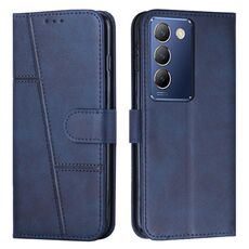 Custodia per telefono in pelle con fibbia in pelle di vitello con cuciture IDN per vivo Y100 (blu)