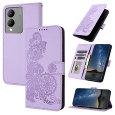 Custodia per telefono in pelle con vibrazione in rilievo fiore India Datura per vivo Y17s 4G Global/Y28 5G (viola)
