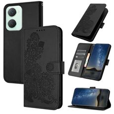 Custodia per cellulare in pelle con vibrazione in rilievo fiore Global Datura per vivo Y03 4G (nera)