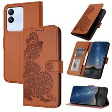 Per vivo V30 Lite 5G Global Datura Custodia in pelle con motivo floreale in rilievo (marrone)