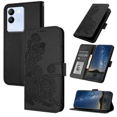 Per vivo V30 Lite 5G Custodia per telefono in pelle con vibrazione in rilievo Global Datura Flower (nera)