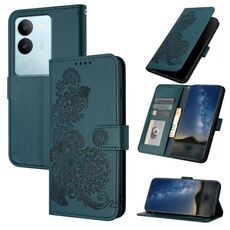 Custodia per telefono in pelle con vibrazione in rilievo fiore Datura per vivo V29 5G Global/V29 Pro (verde scuro)