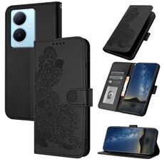 Custodia per cellulare in pelle con vibrazione in rilievo fiore Datura per vivo V29 Lite (nera)