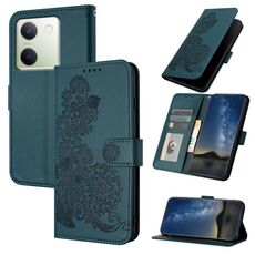 Custodia per cellulare in pelle con vibrazione in rilievo fiore Global Datura per vivo Y100 5G (verde scuro)