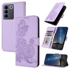 Per vivo V27e 4G Global/T2 4G Global Datura Custodia in pelle con motivo floreale in rilievo (viola)