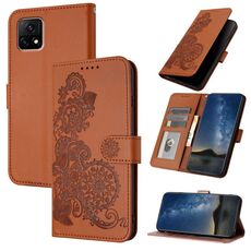 Custodia per telefono in pelle con vibrazione in rilievo fiore India Datura per vivo Y72 5G (marrone)