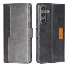 Per Samsung Galaxy S24 5G Custodia per telefono in pelle con fibbia laterale in colore a contrasto (nero + grigio)