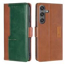 Per Samsung Galaxy S24 5G Custodia per telefono in pelle con fibbia laterale in colore a contrasto (marrone chiaro + verde)