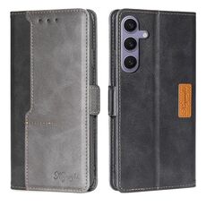 Per Samsung Galaxy S24+ 5G Custodia per telefono in pelle con fibbia laterale in colore a contrasto (nero + grigio)
