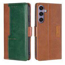 Per Samsung Galaxy S24+ 5G Custodia per telefono in pelle con fibbia laterale in colore a contrasto (marrone chiaro + verde)