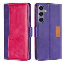 Per Samsung Galaxy S24+ 5G Custodia per telefono in pelle con fibbia laterale in colore a contrasto (viola + rosa rossa)
