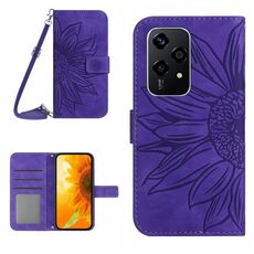 Custodia per cellulare in pelle con motivo Sun Flower per Honor 200 Lite Skin Feel con cordino (viola scuro)