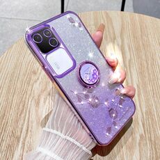 Custodia per telefono all-inclusive con anello floreale immortale con glitter sfumato per vivo S18 (viola)