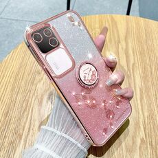 Custodia per telefono all-inclusive con anello floreale immortale con glitter sfumati per vivo S18 (rosa)