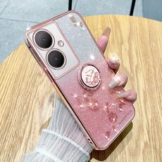 Custodia per telefono all-inclusive con anello floreale immortale con glitter sfumati per vivo Y78+ (rosa)