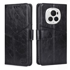 Custodia per telefono in pelle con cuciture geometriche per Honor Magic6 Pro (nera)