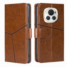 Custodia per telefono in pelle con cuciture geometriche per Honor Magic6 (marrone chiaro)