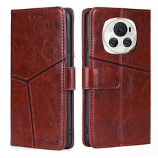 Custodia per telefono in pelle con cuciture geometriche For Honor Magic6 (marrone scuro)