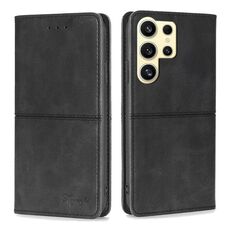 Custodia per telefono in pelle magnetica con texture mucca per Samsung Galaxy S24 Ultra 5G (nera)