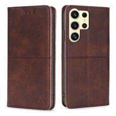 Custodia per telefono in pelle magnetica con texture mucca per Samsung Galaxy S24 Ultra 5G (marrone scuro)