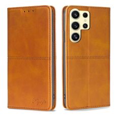 Custodia per telefono in pelle magnetica con texture mucca per Samsung Galaxy S24 Ultra 5G (marrone chiaro)