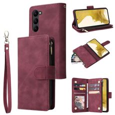 Per Samsung Galaxy S23+ 5G Custodia multifunzionale in pelle con cerniera satinata a portafoglio (vino rosso)