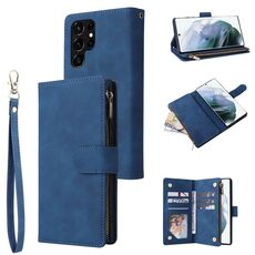 Per Samsung Galaxy S22 Ultra 5G Custodia multifunzionale in pelle con cerniera satinata a portafoglio (blu)