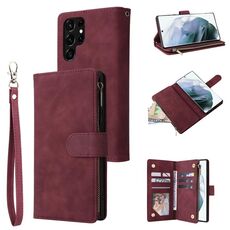 Per Samsung Galaxy S22 Ultra 5G Custodia multifunzionale in pelle con cerniera satinata a portafoglio (vino rosso)