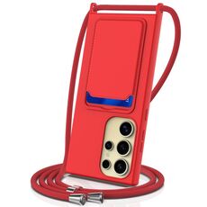 Per Samsung Galaxy S24 Ultra 5G Borsa per carte integrata Custodia per telefono in silicone liquido tinta unita con cordino(Rosso)