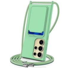 Per Samsung Galaxy S24 Ultra 5G Borsa per carte integrata Custodia per telefono in silicone liquido tinta unita con cordino (verde)