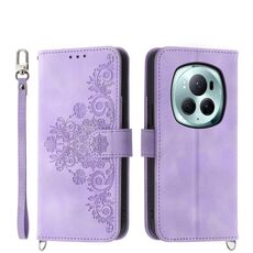 Custodia per telefono in pelle a portafoglio con fiori in rilievo per Honor Magic6 Pro (viola)