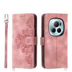 Custodia per telefono in pelle a portafoglio con fiori in rilievo per Honor Magic6 Pro (rosa)