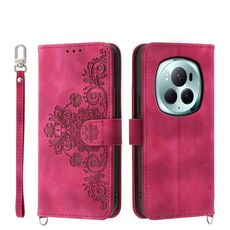 Custodia per telefono in pelle a portafoglio con fiori in rilievo per Honor Magic6 Pro (vino rosso)