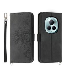 Per Honor Magic6 Pro Custodia per cellulare in pelle con fiori in rilievo con sensazione di pelle (nera)