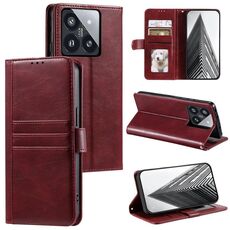 Custodia per telefono in pelle a portafoglio con 6 carte semplice per Xiaomi 14 Pro (vino rosso)