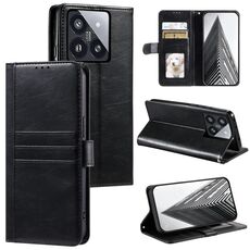 Custodia per telefono in pelle a portafoglio con 6 carte semplice per Xiaomi 14 Pro (nera)
