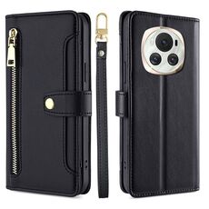 Per Honor Magic6 5G Custodia per telefono in pelle con cerniera a tracolla con trama di pecora (nera)