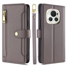 Per Honor Magic6 5G Custodia per telefono in pelle con cerniera a tracolla con trama di pecora (grigio)