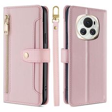 Per Honor Magic6 5G Custodia per telefono in pelle con cerniera a tracolla con trama di pecora (rosa)