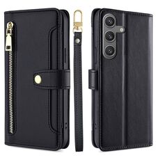 Per Samsung Galaxy S24 Ultra 5G Custodia per telefono in pelle con cerniera a tracolla con trama di pecora (Nero)