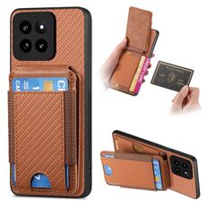 Per Xiaomi 14 Pro Custodia per telefono con supporto a portafoglio verticale in fibra di carbonio (marrone)