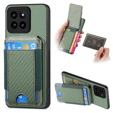 Per Xiaomi 14 Custodia per telefono con supporto a portafoglio verticale in fibra di carbonio (verde)