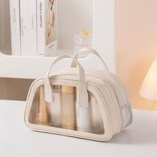 Borsa per il lavaggio in PU con separazione asciutta e bagnata Borsa per cosmetici portatile a doppio strato di grande capacità, colore: beige medio