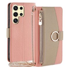 Per Samsung Galaxy S24 Ultra 5G Custodia a tracolla in pelle con texture litchi (rosa)