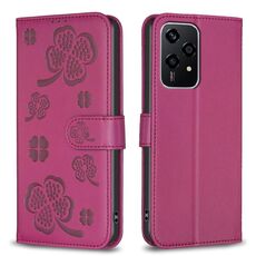 Custodia per telefono in pelle goffrata a quattro foglie per Honor 200 Lite (rosa rossa)