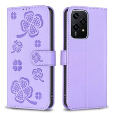 Custodia per telefono in pelle goffrata a quattro foglie per Honor 200 Lite (viola)