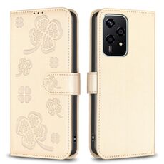 Custodia per telefono in pelle goffrata a quattro foglie per Honor 200 Lite (oro)
